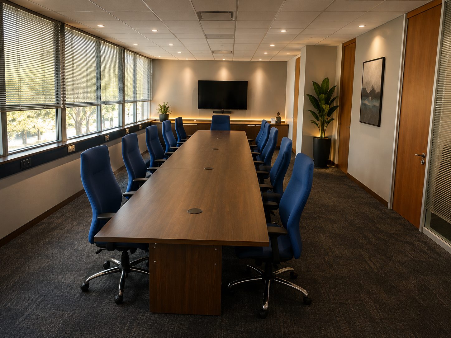 Boardroom table and blue high-back chairs from Planet Desking