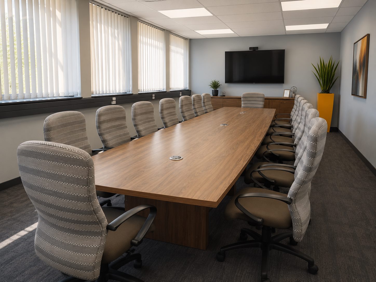 Wood boardroom table with striped high-back chairs and cable grommets