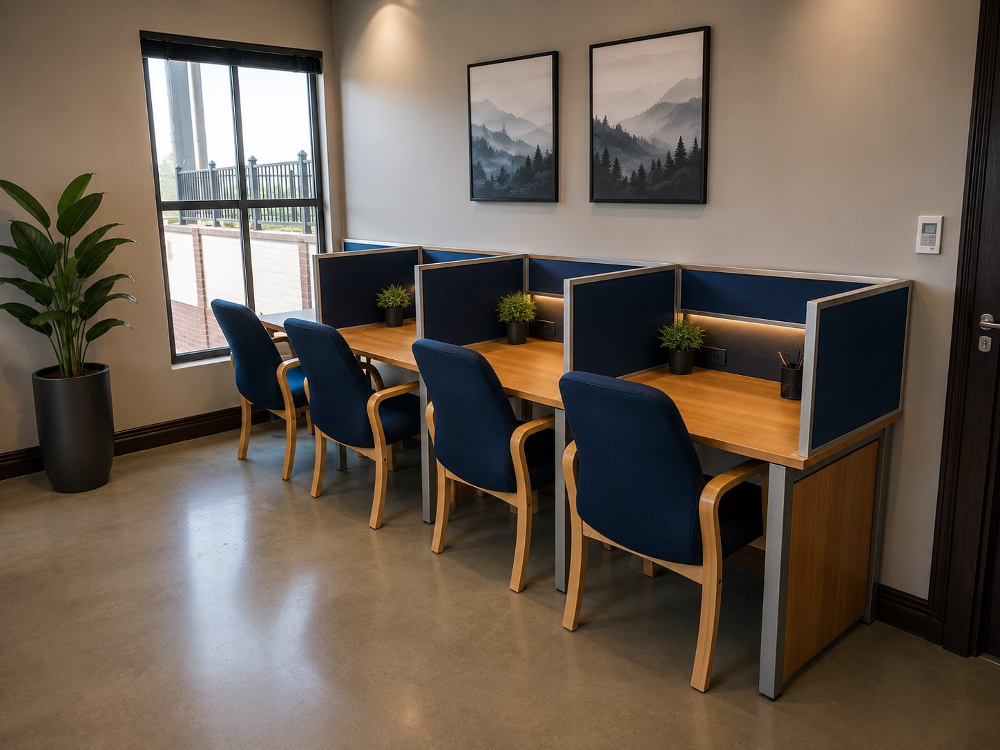 Navy fabric cubicle desks with oak tops, task lighting and matching chairs