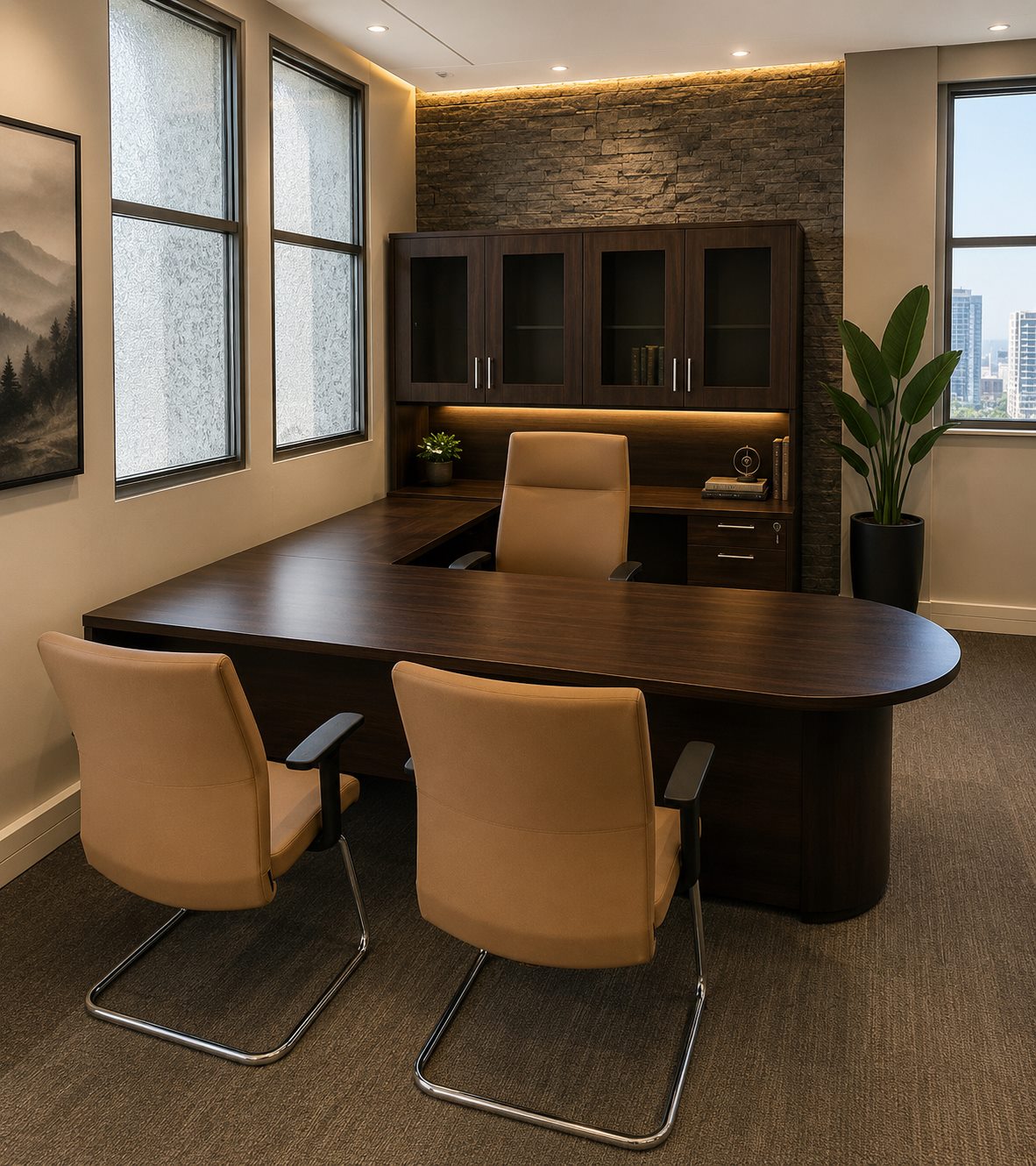 L-shaped dark wood executive desk with glass hutch and tan leather chairs